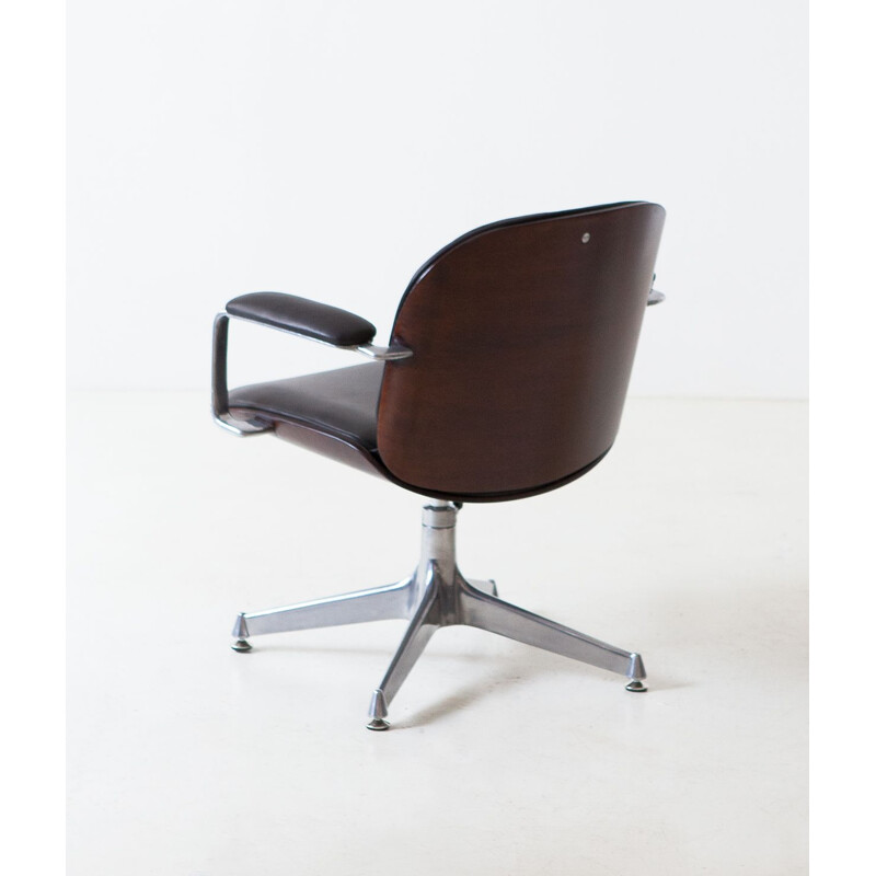 Vintage Leather and Mahogany Swivel Chair by Ico Parisi for MIM Roma, Italy 1960s