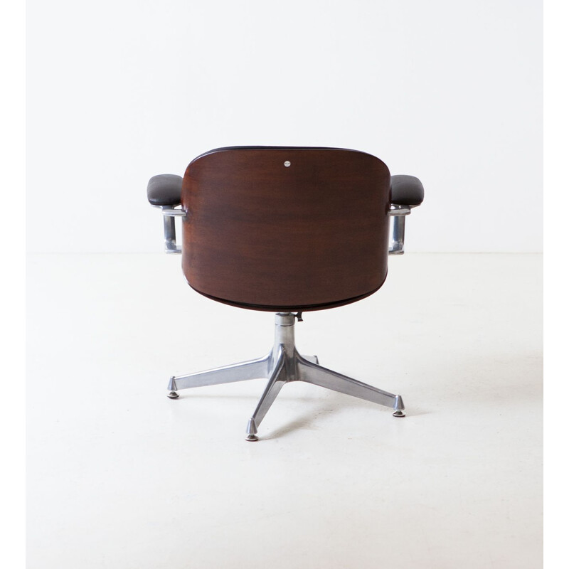 Vintage Leather and Mahogany Swivel Chair by Ico Parisi for MIM Roma, Italy 1960s