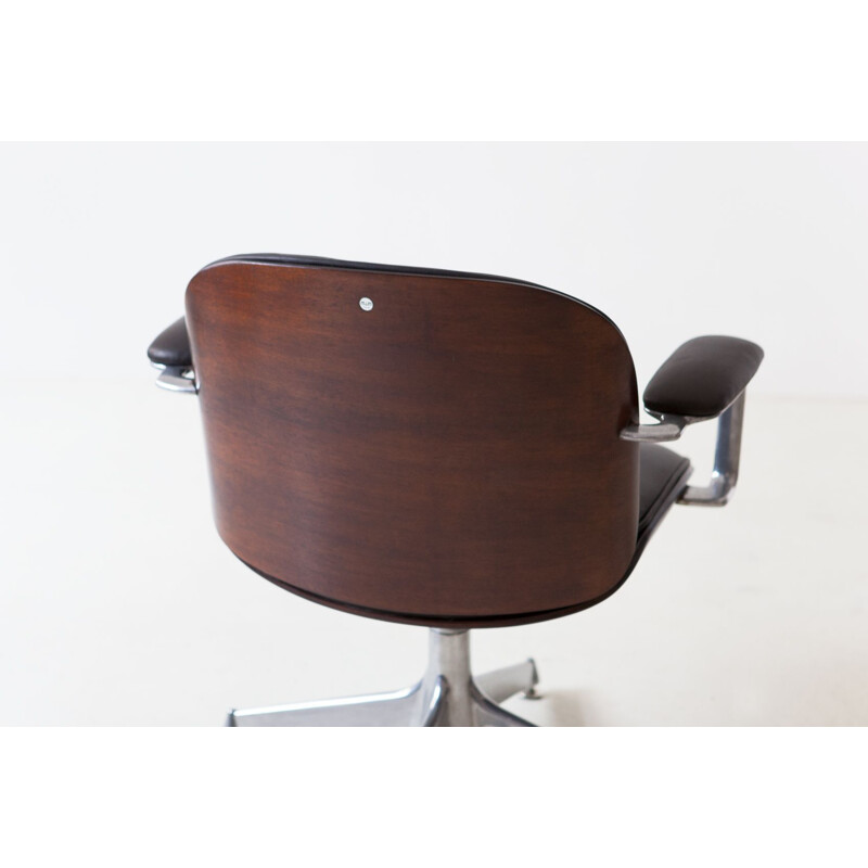 Vintage Leather and Mahogany Swivel Chair by Ico Parisi for MIM Roma, Italy 1960s