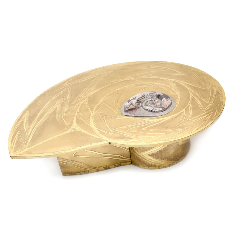 Brass coffee table with inlaid ammonite, Marc D' HAENENS - 1970s