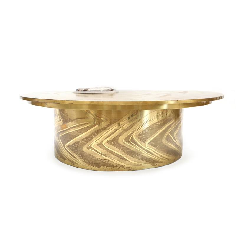 Brass coffee table with inlaid ammonite, Marc D' HAENENS - 1970s