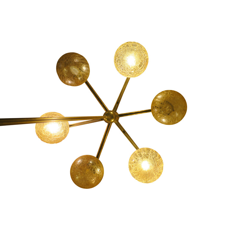 Vintage Gold Plated Brass Six Globe Chandelier by Angelo Brotto, Italian 1970