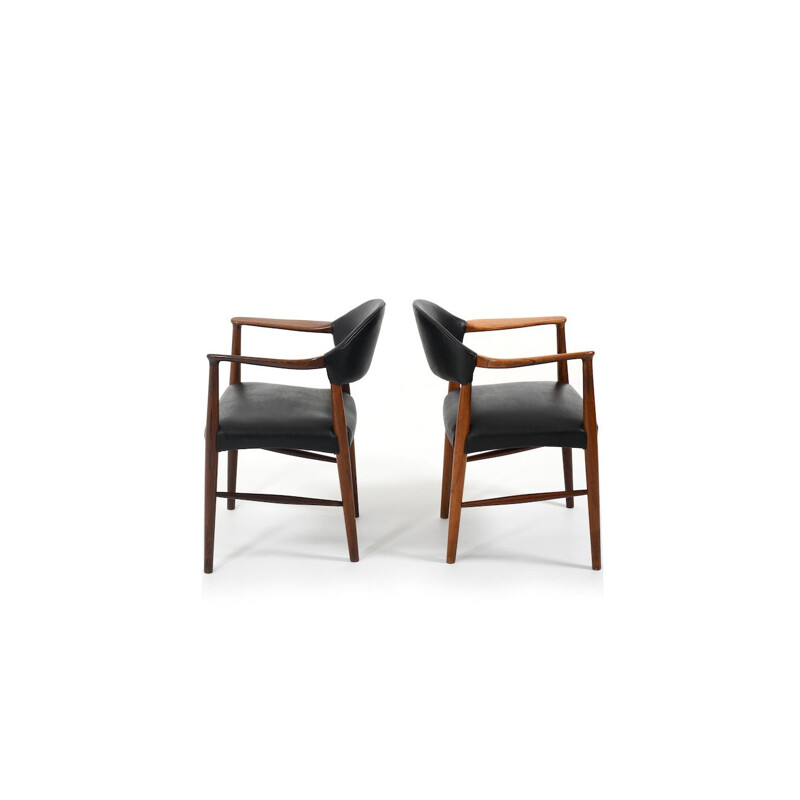 Pair of vintage Kurt Olsen Armchairs with black Leather, Danish 1958s