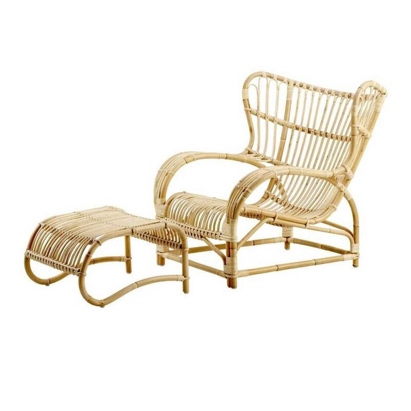 Vintage rattan armchair and matching ottoman by Viggo Boesen 1930s