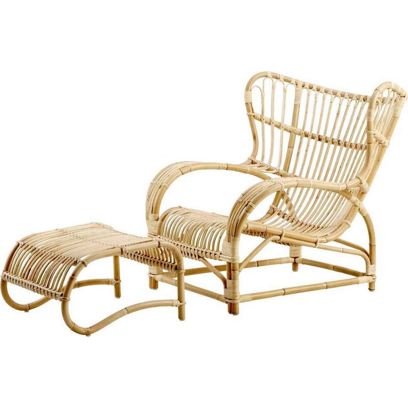 Vintage rattan armchair and matching ottoman by Viggo Boesen 1930s