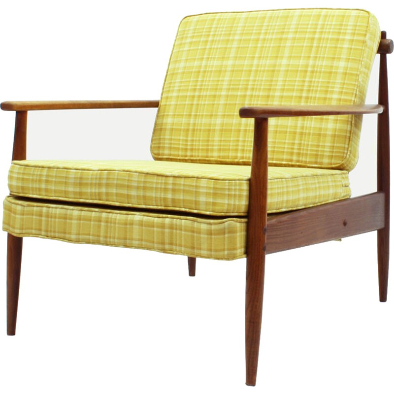 American easy chair in ashwood and yellow fabric - 1950s