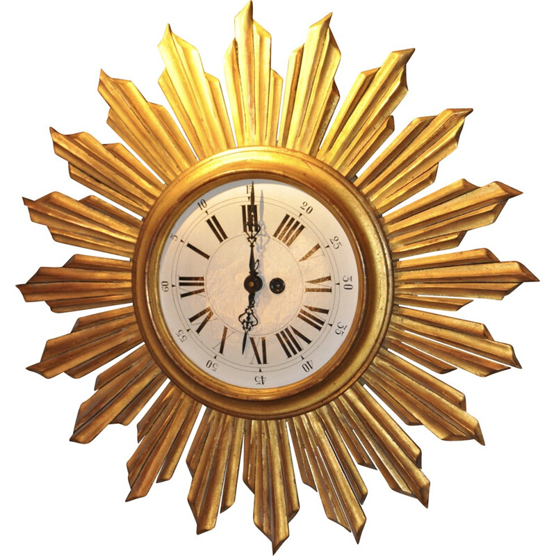 Mid-century sun wall clock in gold colored wood - 1950s