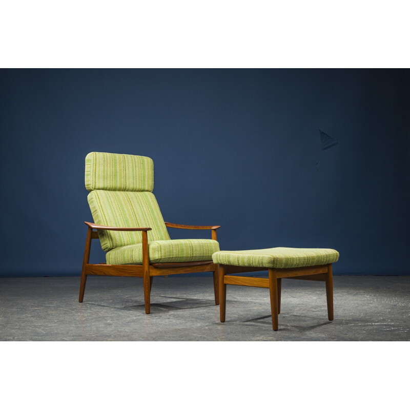 Vintage Model FD164 Armchair Chair and Ottoman Set by Arne Vodder for France & Son, Danish 1960s