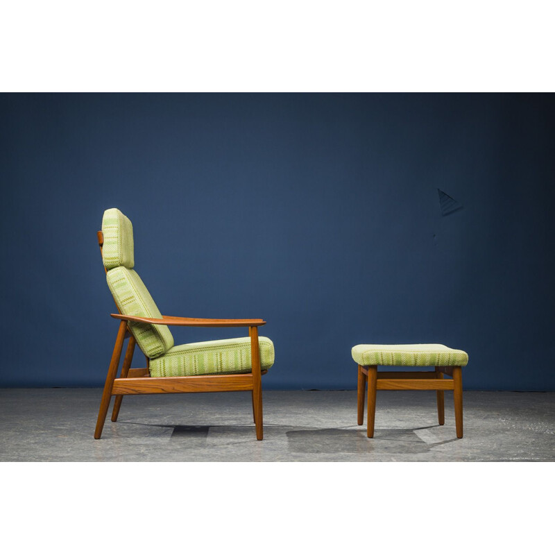 Vintage Model FD164 Armchair Chair and Ottoman Set by Arne Vodder for France & Son, Danish 1960s