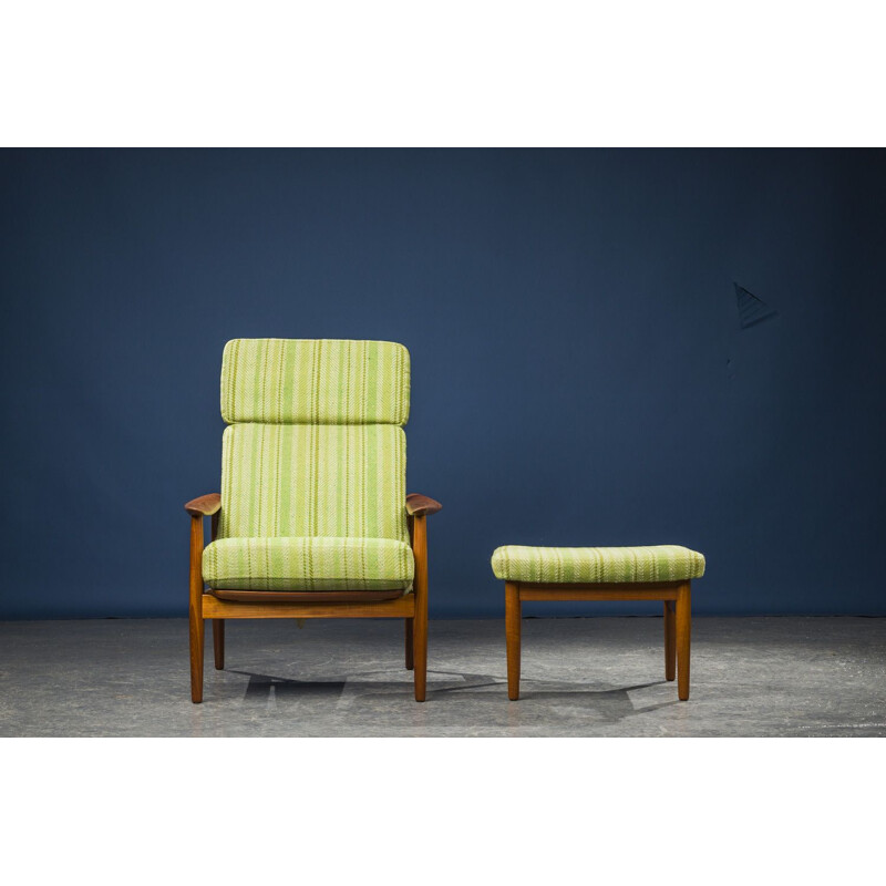 Vintage Model FD164 Armchair Chair and Ottoman Set by Arne Vodder for France & Son, Danish 1960s