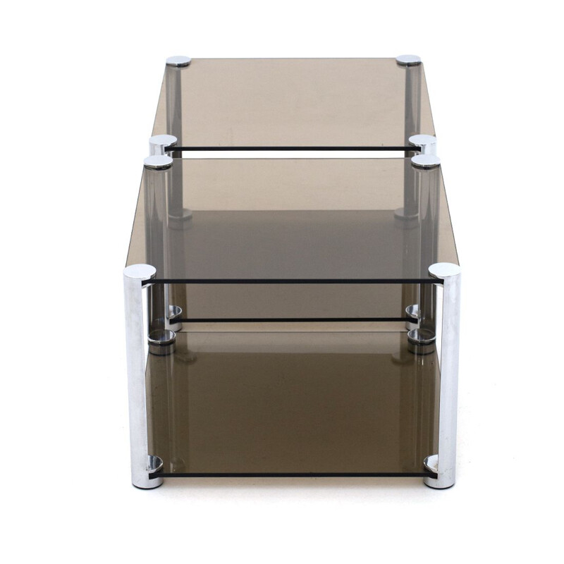 Pair of vintage nightstands in chromed metal and smoked glass 1970s