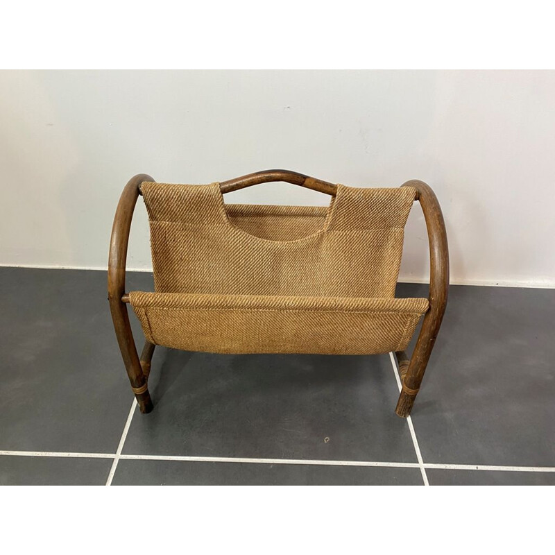 Vintage magazine rack in rattan and burlap 1970s