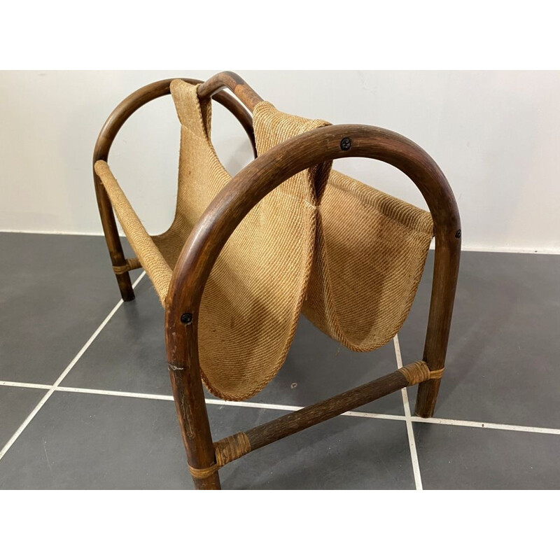 Vintage magazine rack in rattan and burlap 1970s