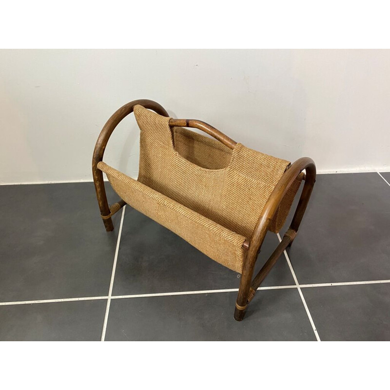 Porte revues vintage en rotin et toile de jute 1970