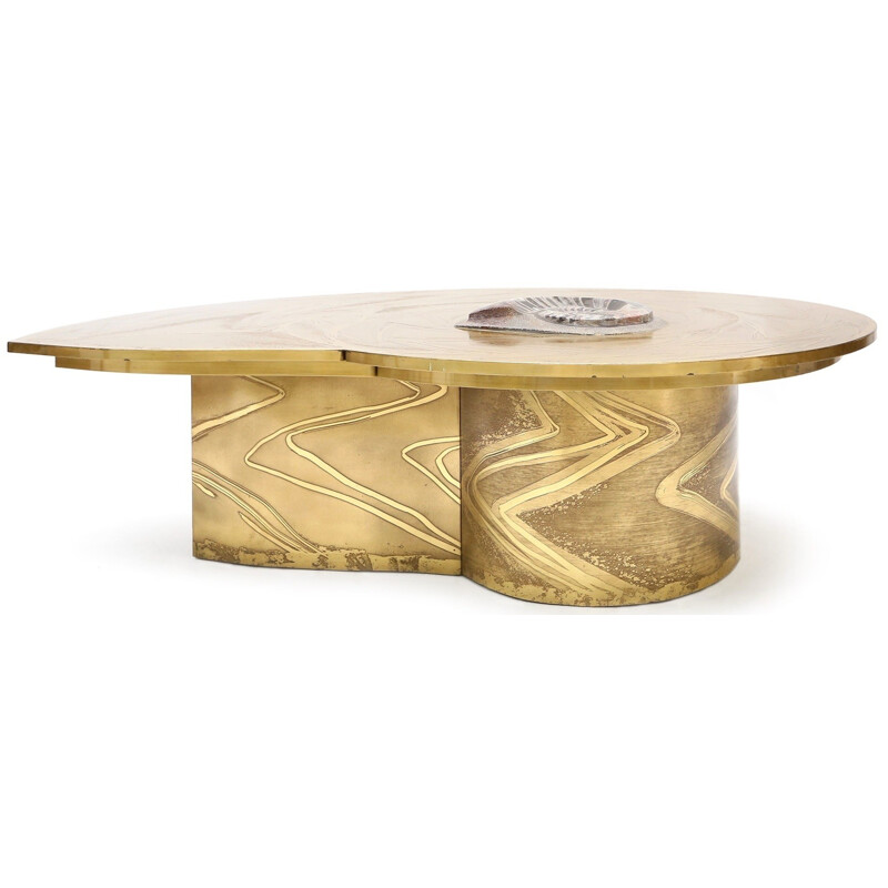 Brass coffee table with inlaid ammonite, Marc D' HAENENS - 1970s