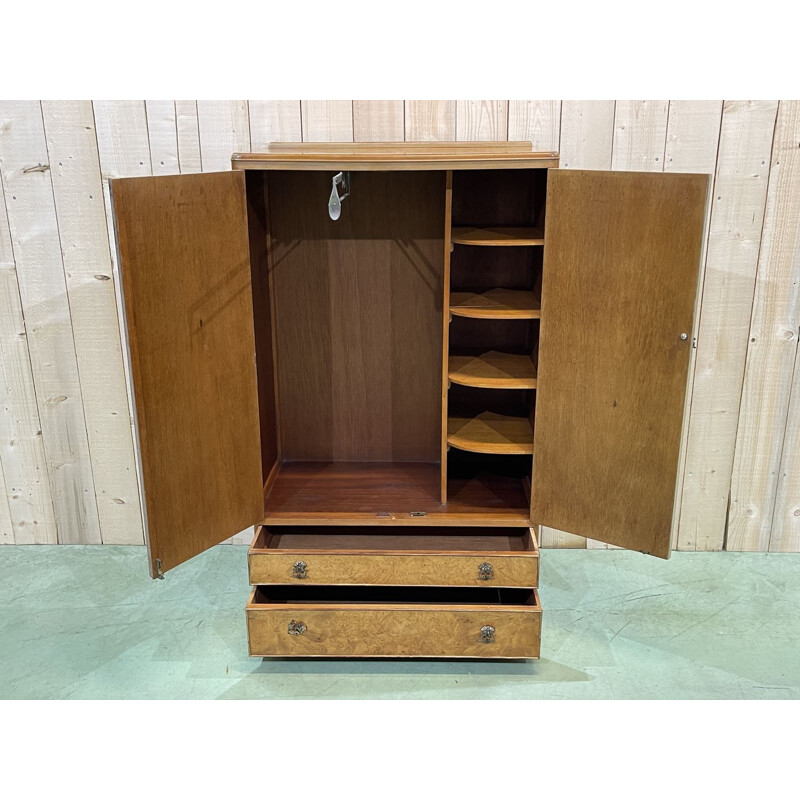 Vintage burr elm and blond mahogany wardrobe, English 1950