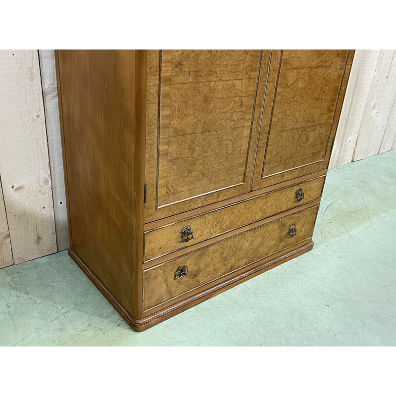 Vintage burr elm and blond mahogany wardrobe, English 1950