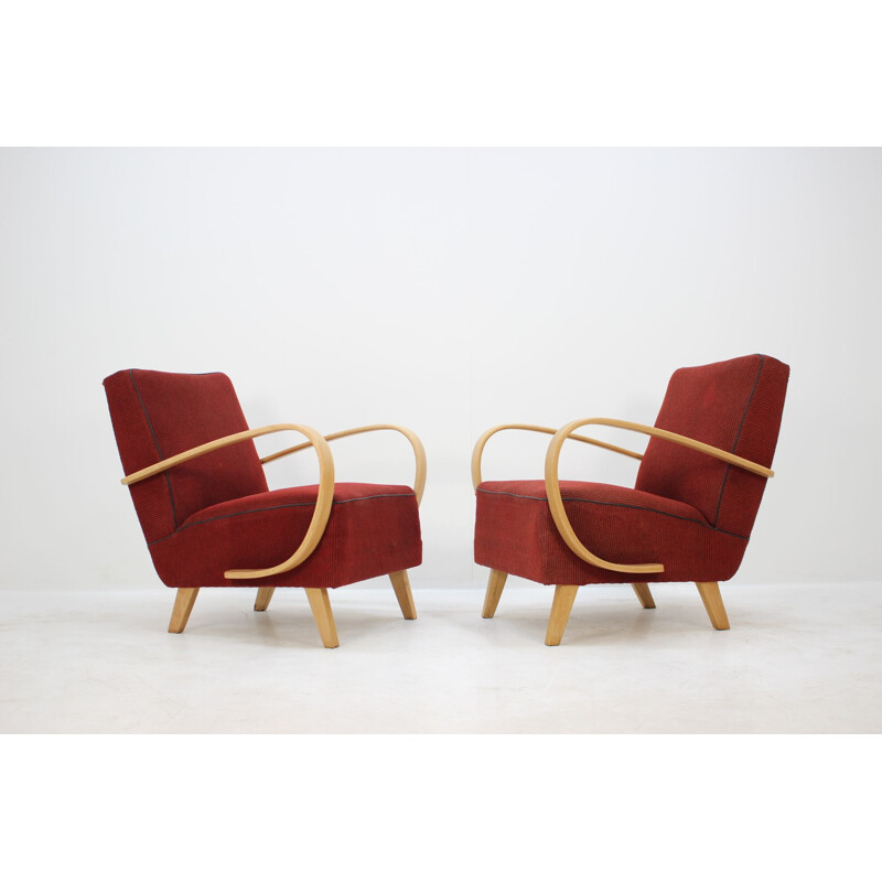 Paire de fauteuils vintage rouge par Jindřich Halabala, Tchécoslovaquie 1950