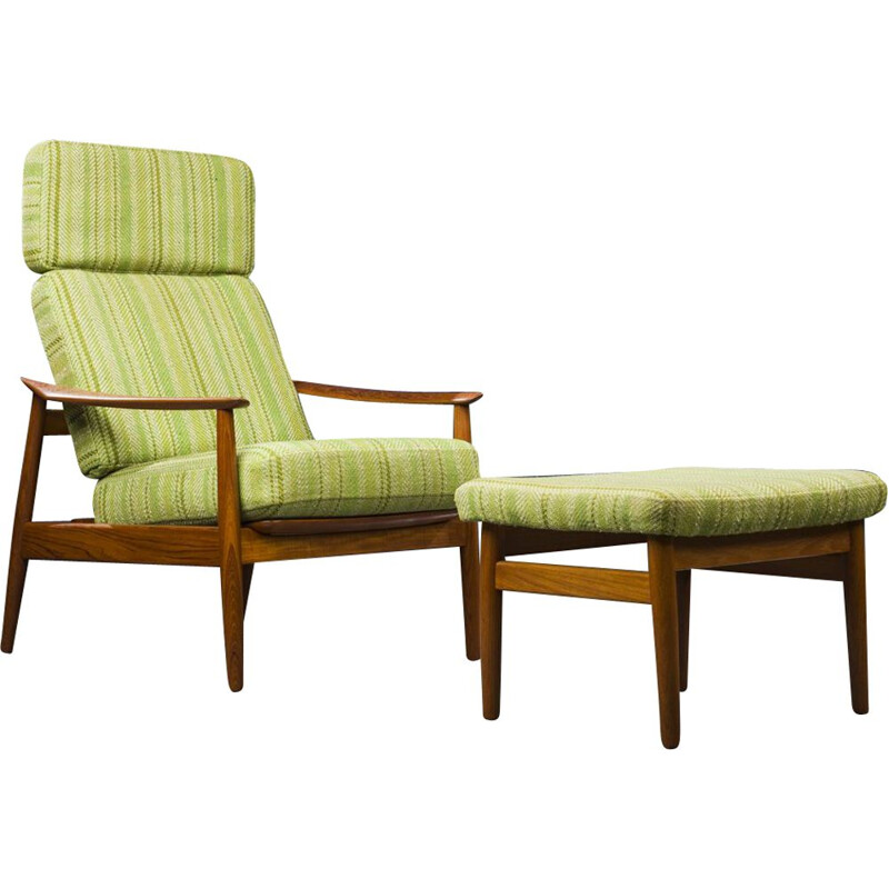 Vintage Model FD164 Armchair Chair and Ottoman Set by Arne Vodder for France & Son, Danish 1960s