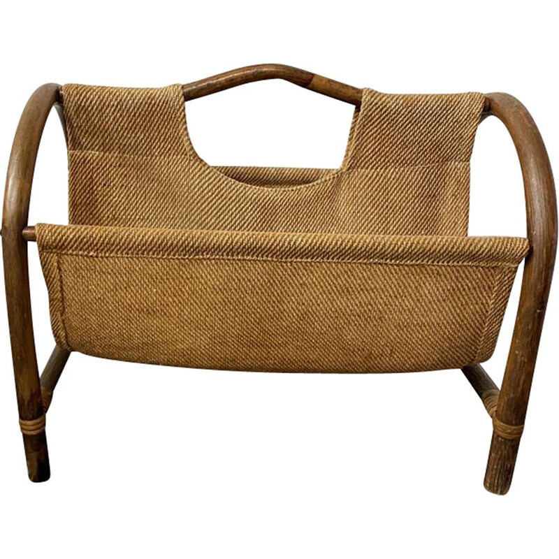 Vintage magazine rack in rattan and burlap 1970s