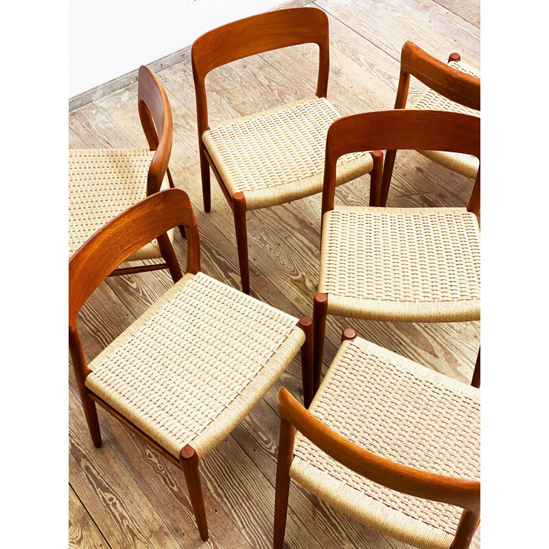 Lot de 6 chaises vintage en teck Modèle 75 par Niels O Moller pour J.L. Moller, Danemark 1950