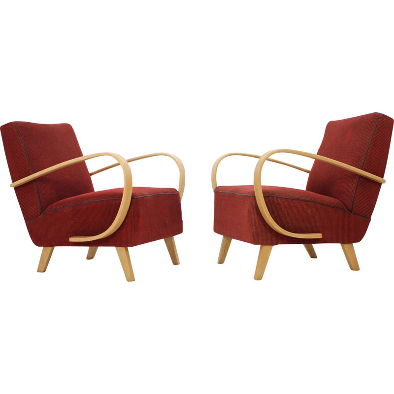 Paire de fauteuils vintage rouge par Jindřich Halabala, Tchécoslovaquie 1950