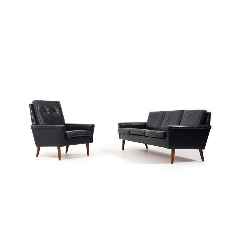 Vintage black Leather Sofa Set, Danish 1950s