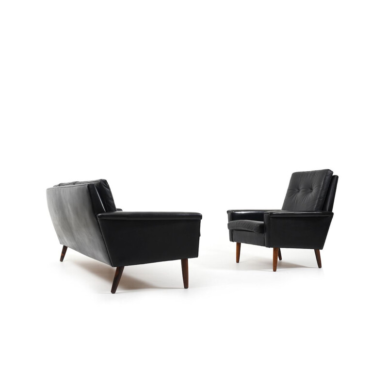 Vintage black Leather Sofa Set, Danish 1950s