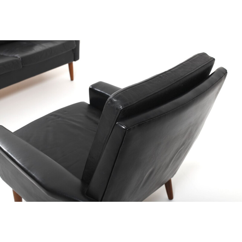 Vintage black Leather Sofa Set, Danish 1950s