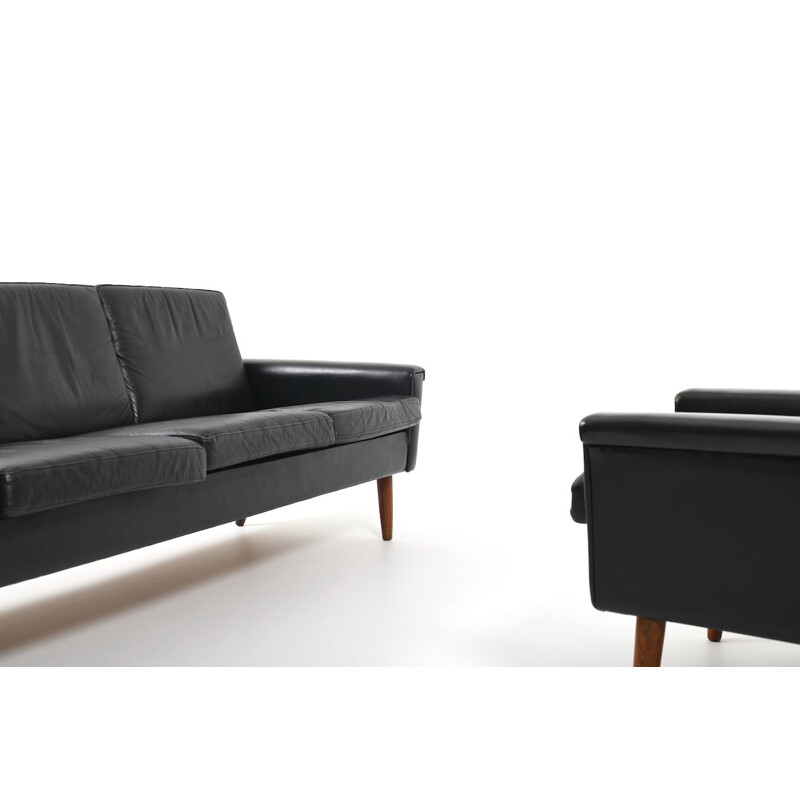 Vintage black Leather Sofa Set, Danish 1950s