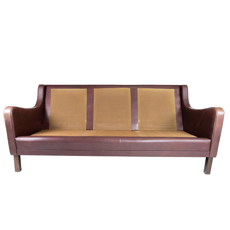 Vintage Three seater sofa with red brown leather by Stouby Furniture 1960s