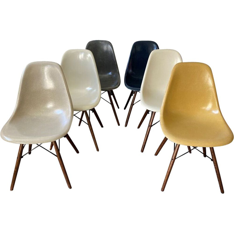 Set of 6 vintage Herman Miller "DSW" walnut grey navy blue eames chairs by Charles & Ray Eames 1950s