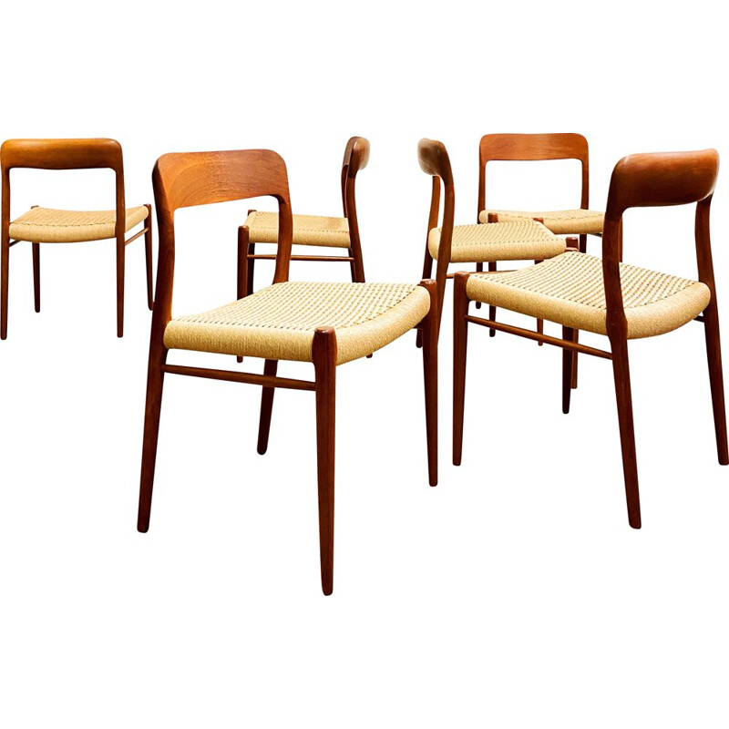 Lot de 6 chaises vintage en teck Modèle 75 par Niels O Moller pour J.L. Moller, Danemark 1950