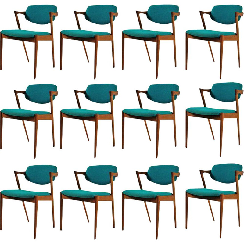 Set of 12 vintage dining chairs in teak by Kai Kristiansen for Schous Mobelfabrik 1960s