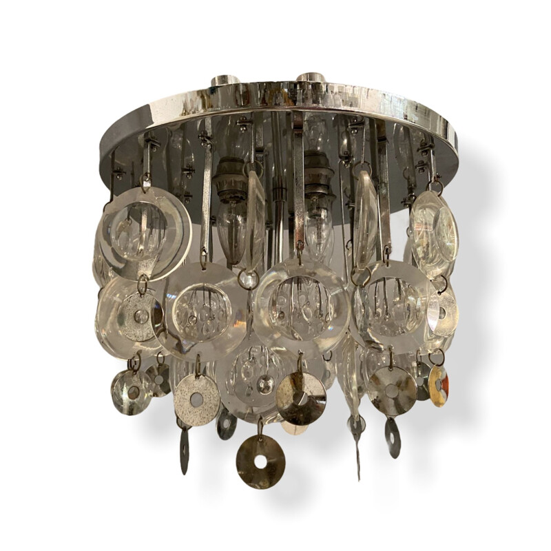 Vintage glass and chrome disc chandelier by Oscar Torlasco, 1970