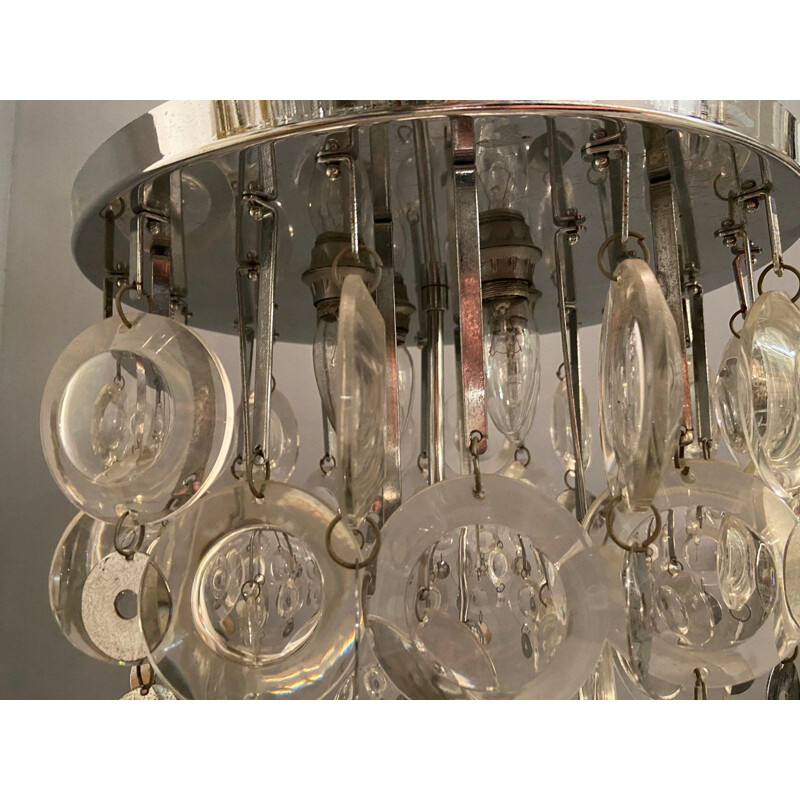 Vintage glass and chrome disc chandelier by Oscar Torlasco, 1970