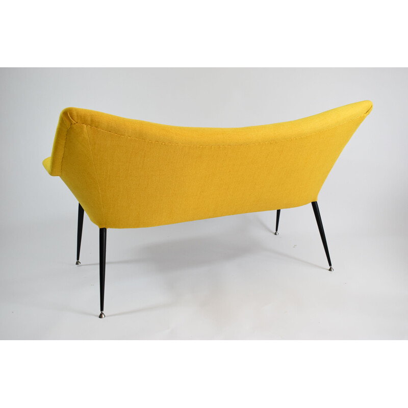 Vintage two-seater sofa, fabric yellow chrome, Germany 1960