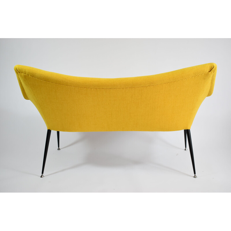 Vintage two-seater sofa, fabric yellow chrome, Germany 1960