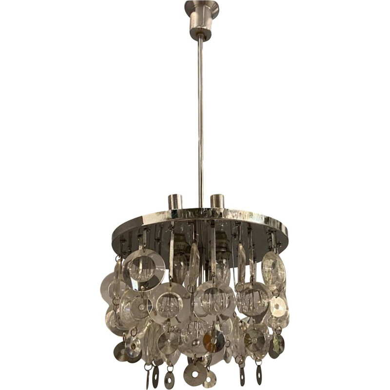 Vintage glass and chrome disc chandelier by Oscar Torlasco, 1970