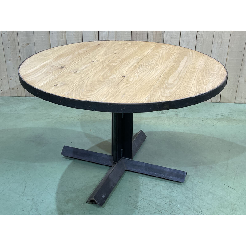 Vintage round industrial table with oak top and metal legs