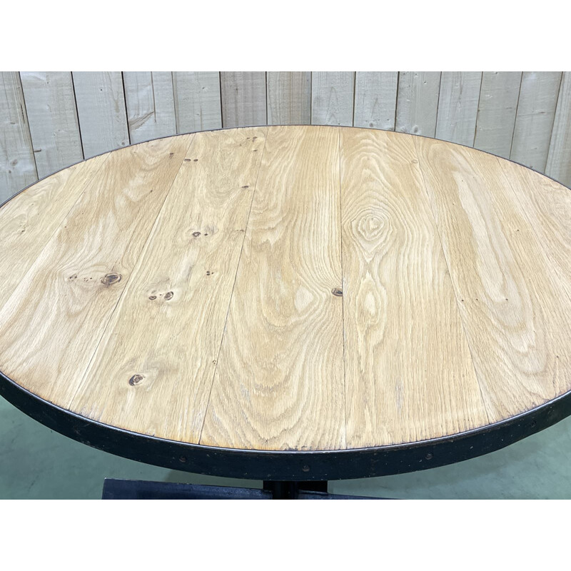 Vintage round industrial table with oak top and metal legs