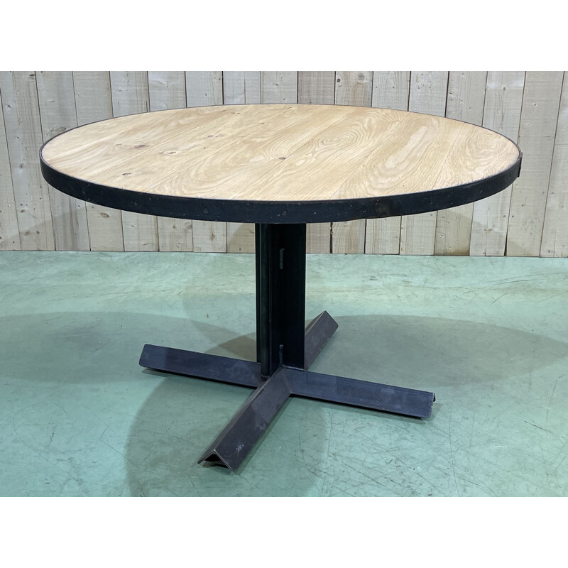 Vintage round industrial table with oak top and metal legs