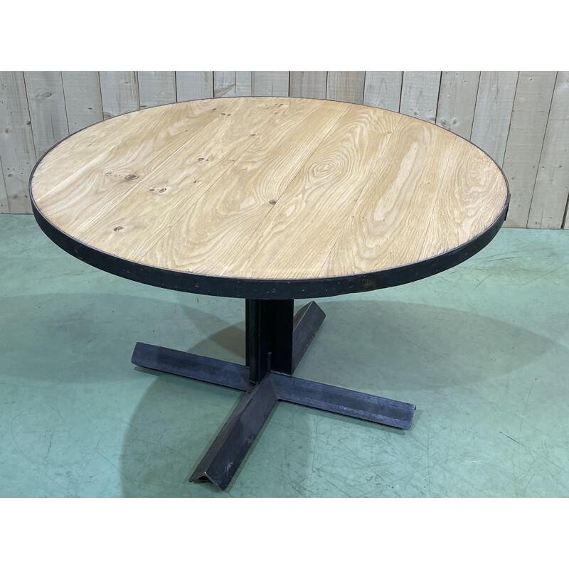 Vintage round industrial table with oak top and metal legs