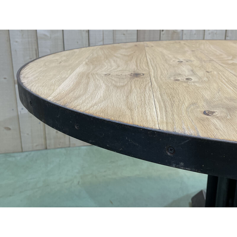 Table ronde vintage industrielle plateau en chêne et piétement métal