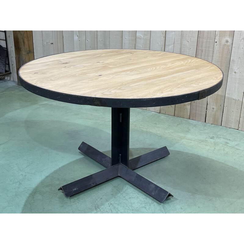 Vintage round industrial table with oak top and metal legs