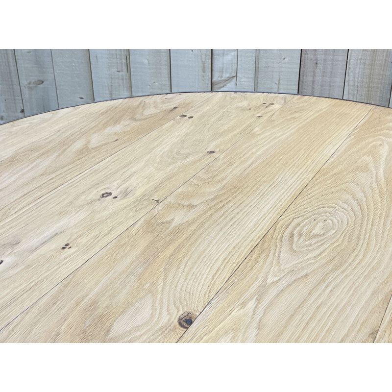 Vintage round industrial table with oak top and metal legs