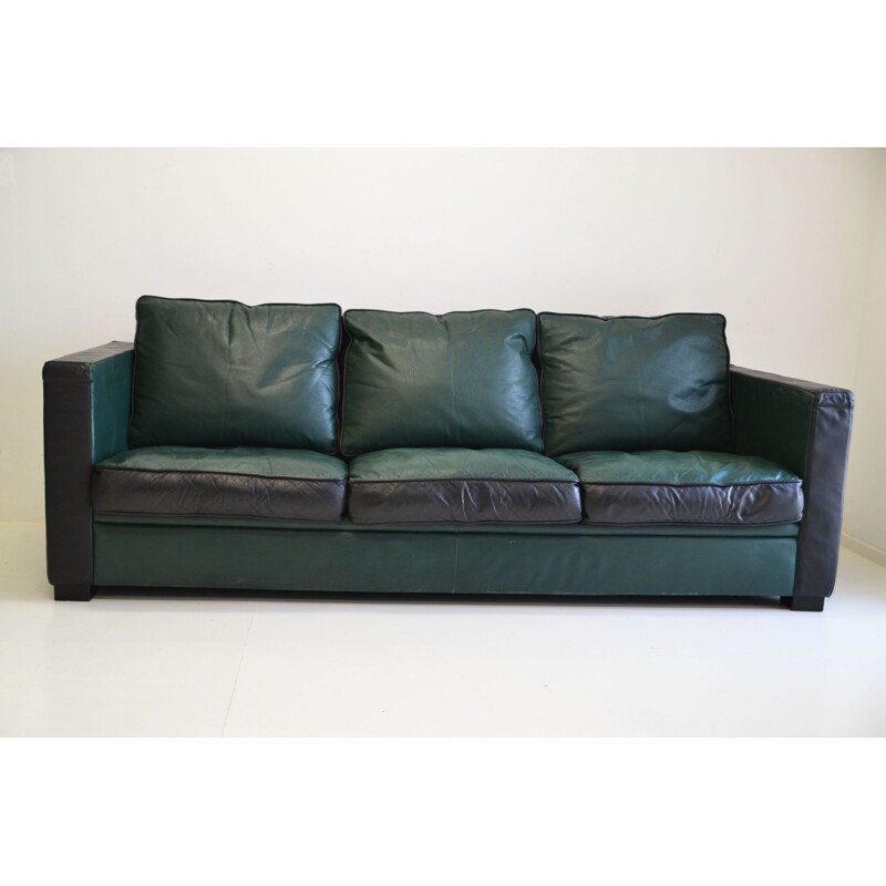 Vintage black and green leather sofa by Cinna, France 1980s