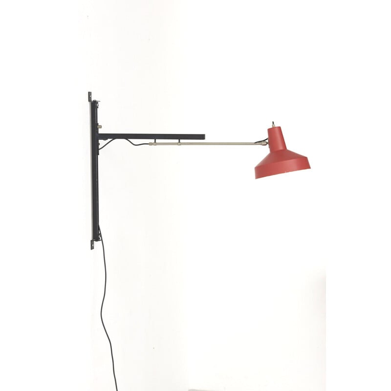 Versatile vintage telescopic wall lamp with red shade by Niek Hiemstra, Netherlands 1960