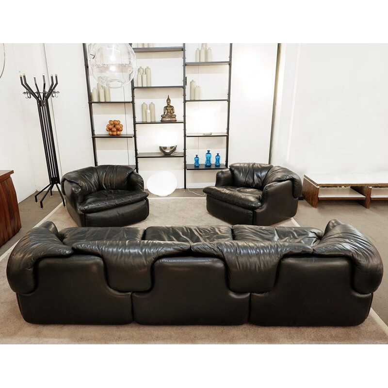 Vintage black leather 'Confidentiel' lounge set by Alberto Rosselli for Saporiti, Italy 1970