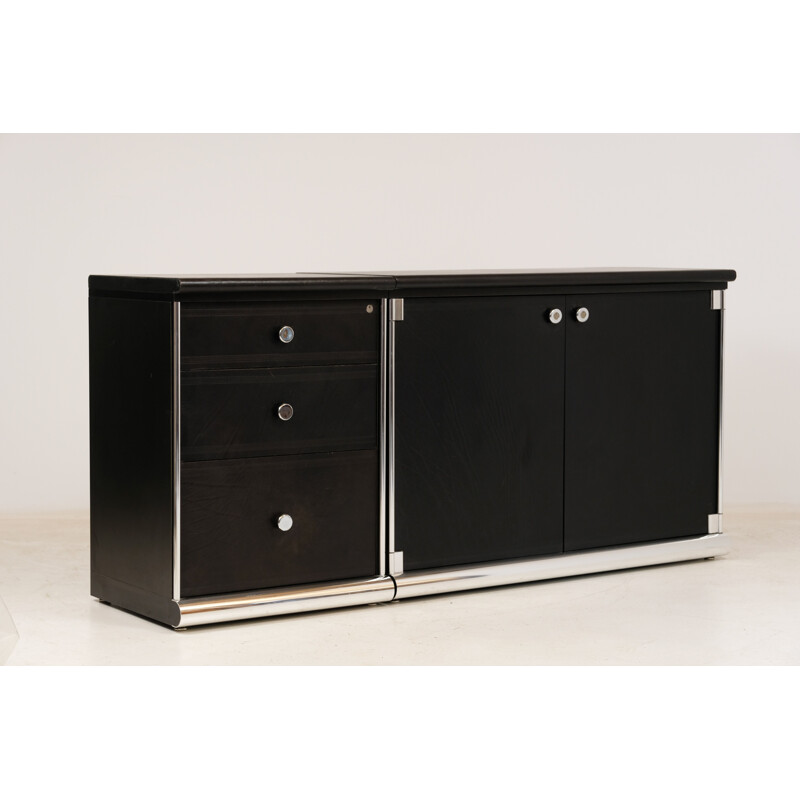 Vintage Mariani two-piece black leather highboard by Guido Faleschini 1970